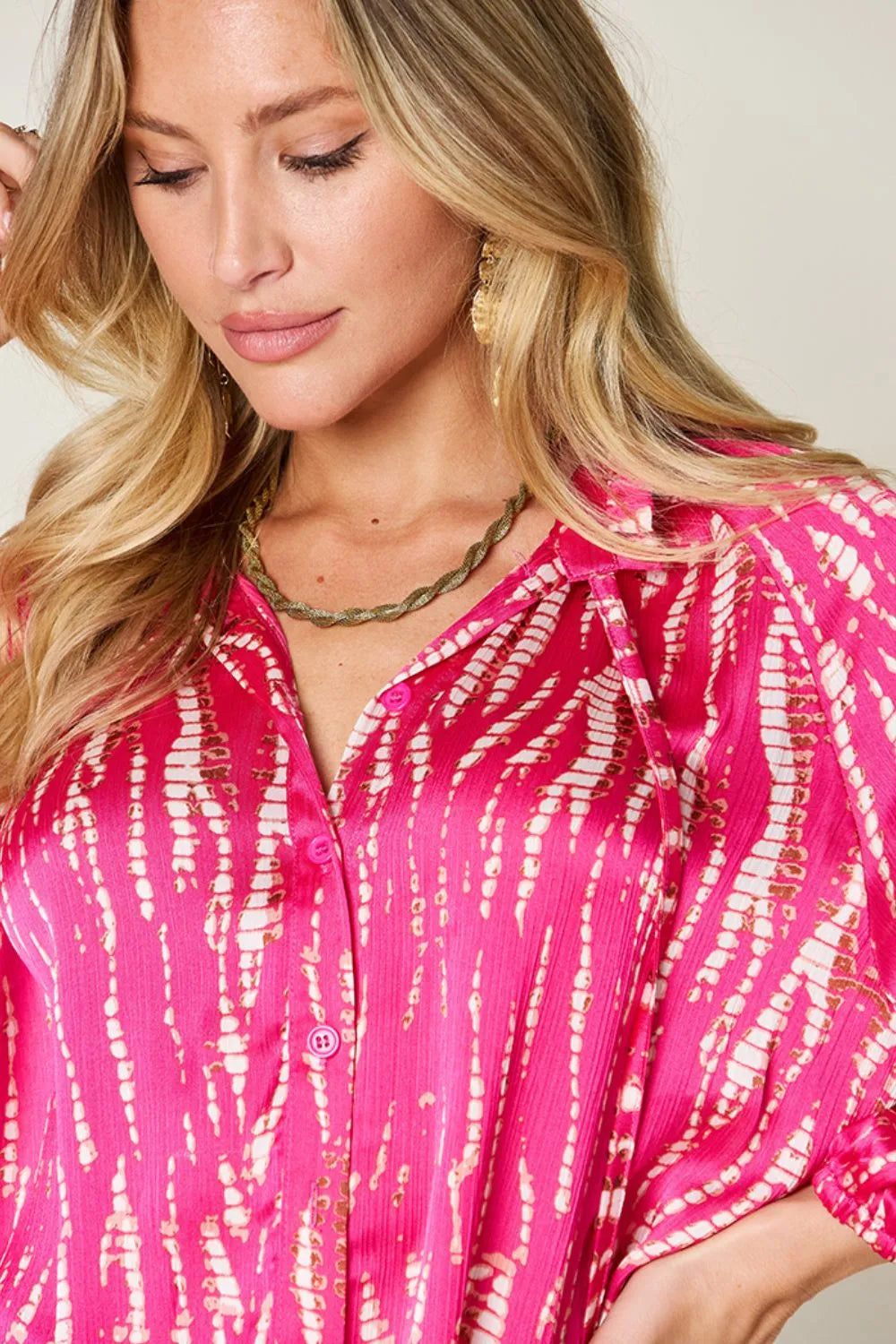 Camisa abotonada de manga larga estampada Full Size Double Take