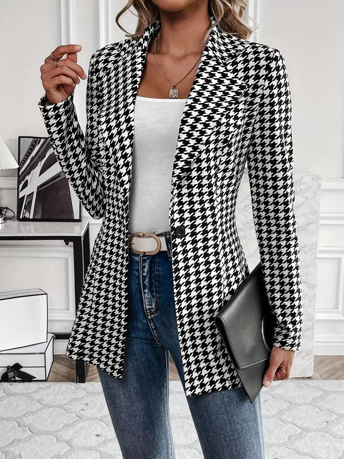 Houndstooth Print Lapel Collar Blazer