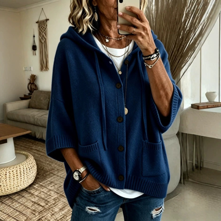 Fashion Autumn Winter Women's Button Knitted Hooded Drawstring Cardigan Sweater Coat For Women