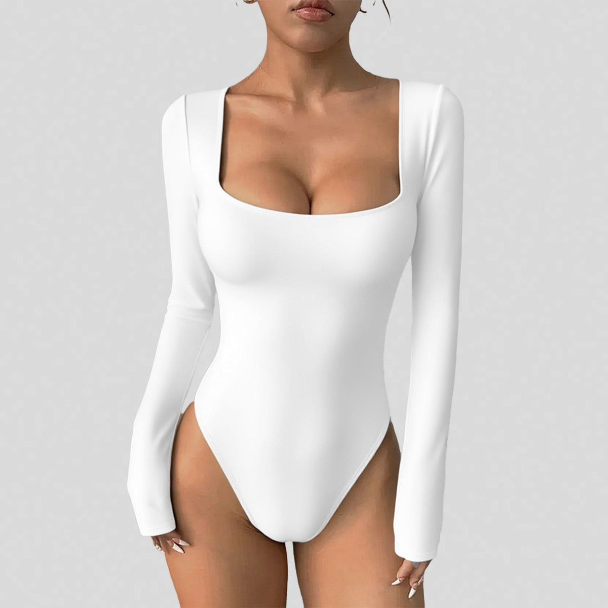 Women Square Neck Long Sleeve One-Piece Yoga Bodysuit Stretchy Tight Integrated Jumpsuit Fitness Workout Outfit