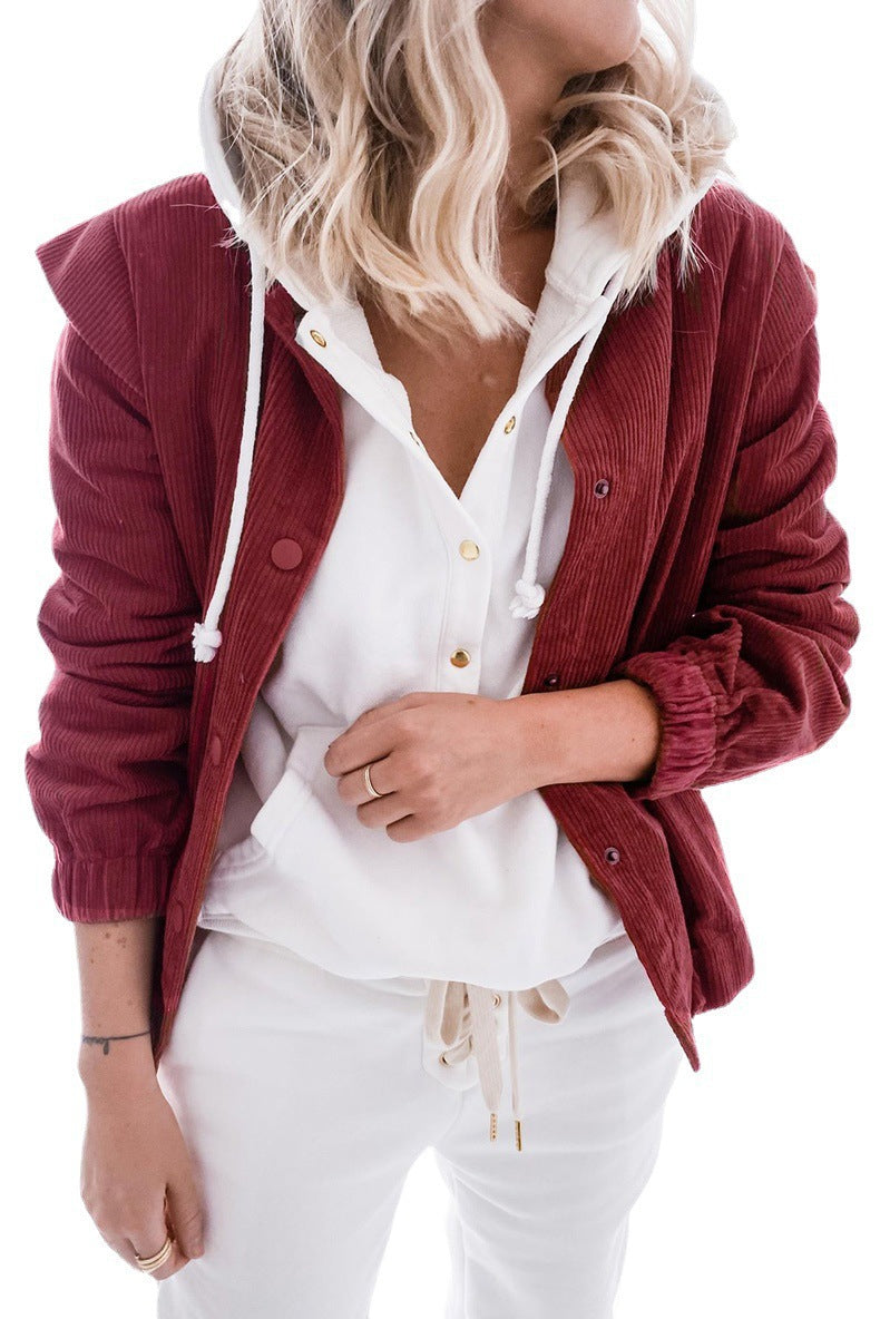 Solid-color Corduroy Cardigan A Casual Relaxed-fit Long-sleeve Jacket With A Lapel Collar