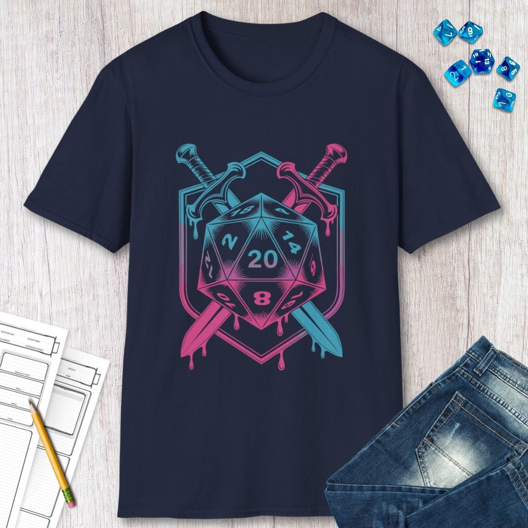 Camiseta con el escudo de espada y dado D20