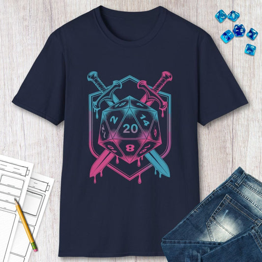 Camiseta con el escudo de espada y dado D20