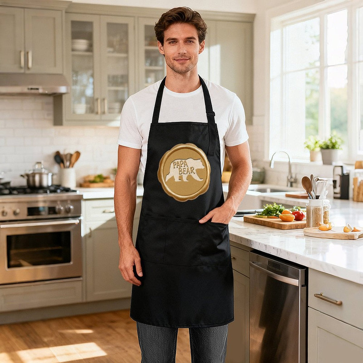 Papa Bear Golden Seal Adult Waterproof Apron With Three Pockets