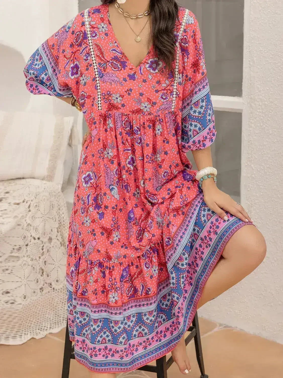 Printed Puff Sleeve Midi Dress
