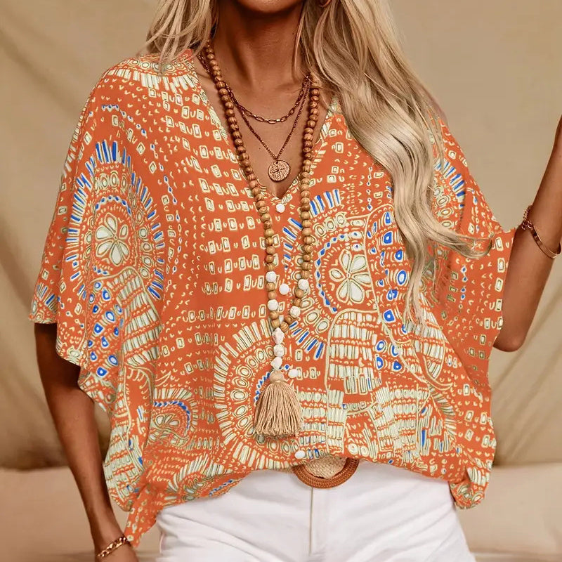 Blusa con cuello en V y estampado de mandala – Top casual de vacaciones