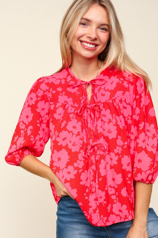 Haptics Blusa de Manga Globo con Lazo de Cinta Floral Talla Grande