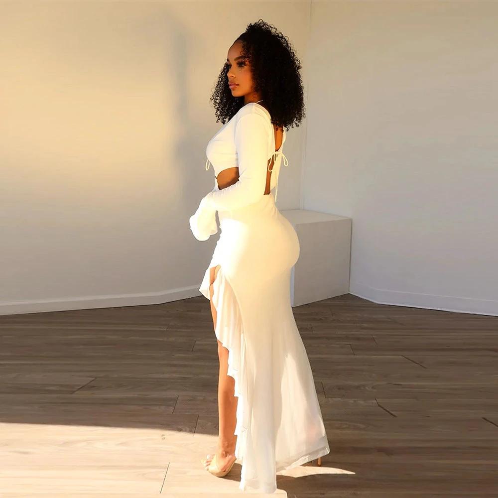 Women's Chest-wrapped Long Sleeve V-neck Lace-up Long Dress
