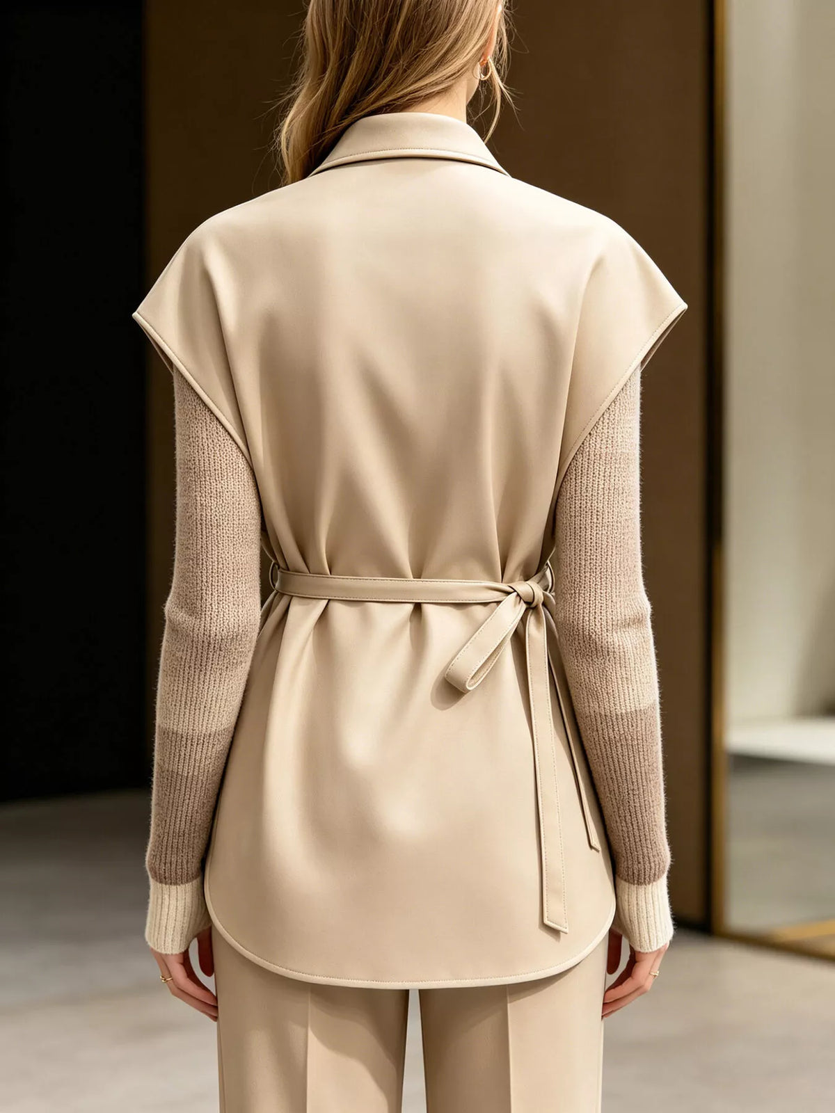 Sleek Faux Leather Belted Vest Coat