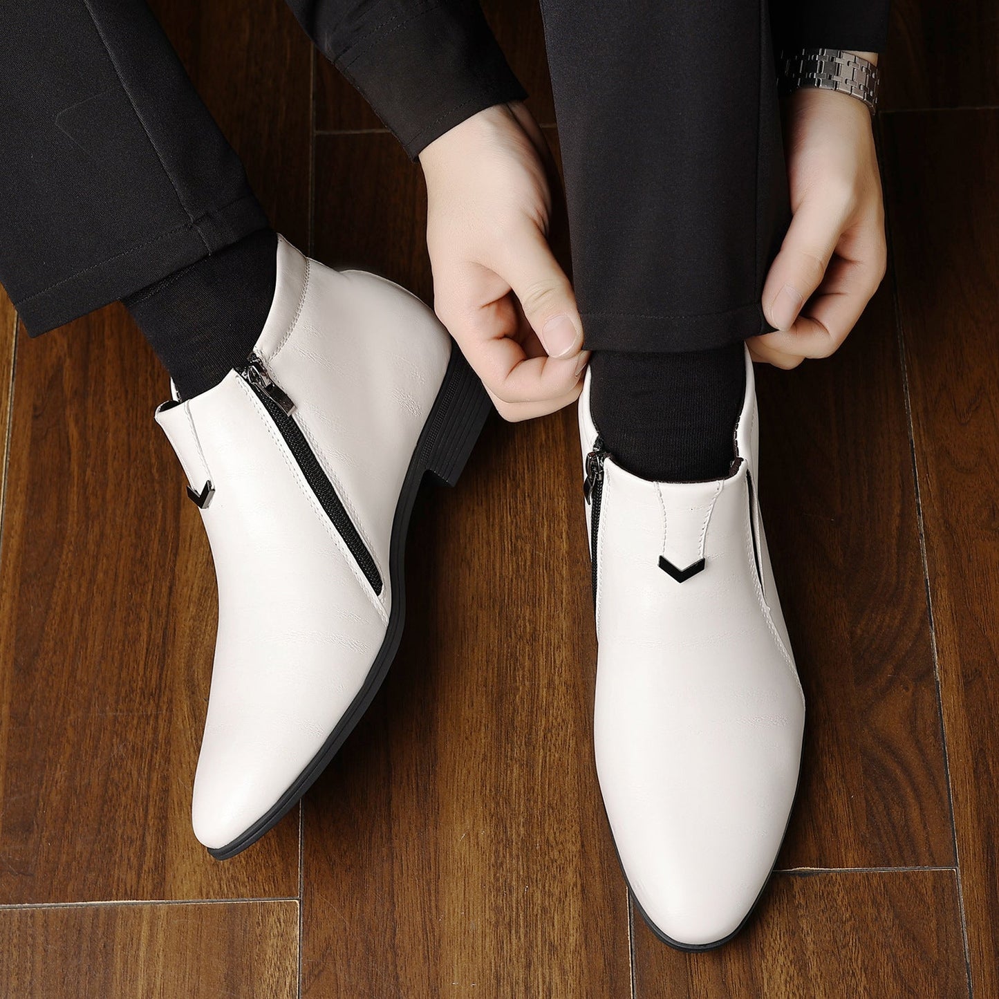 Men's Pointed White Striped Embossed Side Zipper Ankle Boots