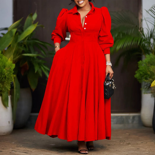 Vestido liso de manga larga con dobladillo ancho y elegante para mujer