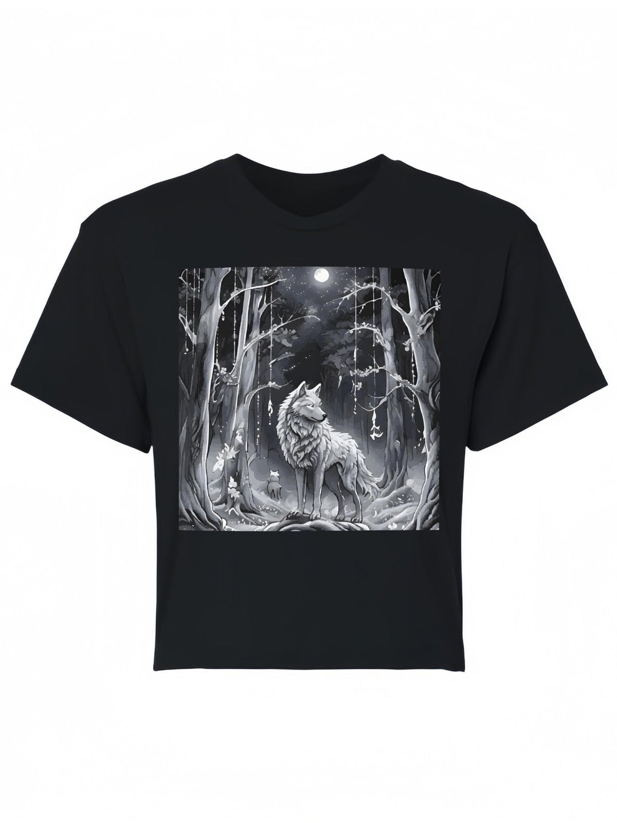 Ethereal Wolf in the Moonlight Cotton Crop Top for Women (Front Printing)