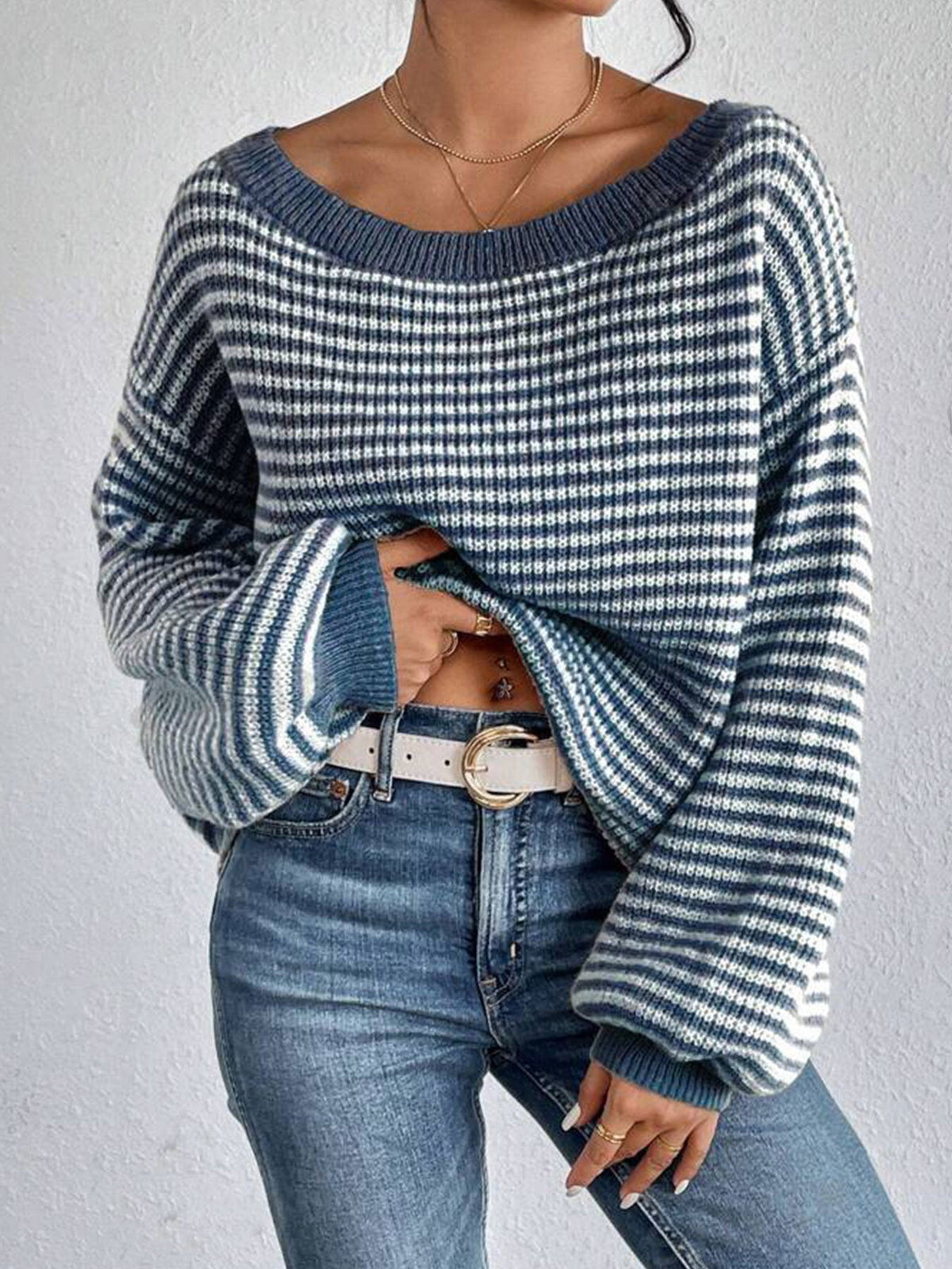 Off-The-Shoulder Knit Sweater With Loose Fit, Color-Blocked Stripes, Lantern Sleeves, Women's European And American Style Red Sweater, Autumn And Winter, High-End Feel