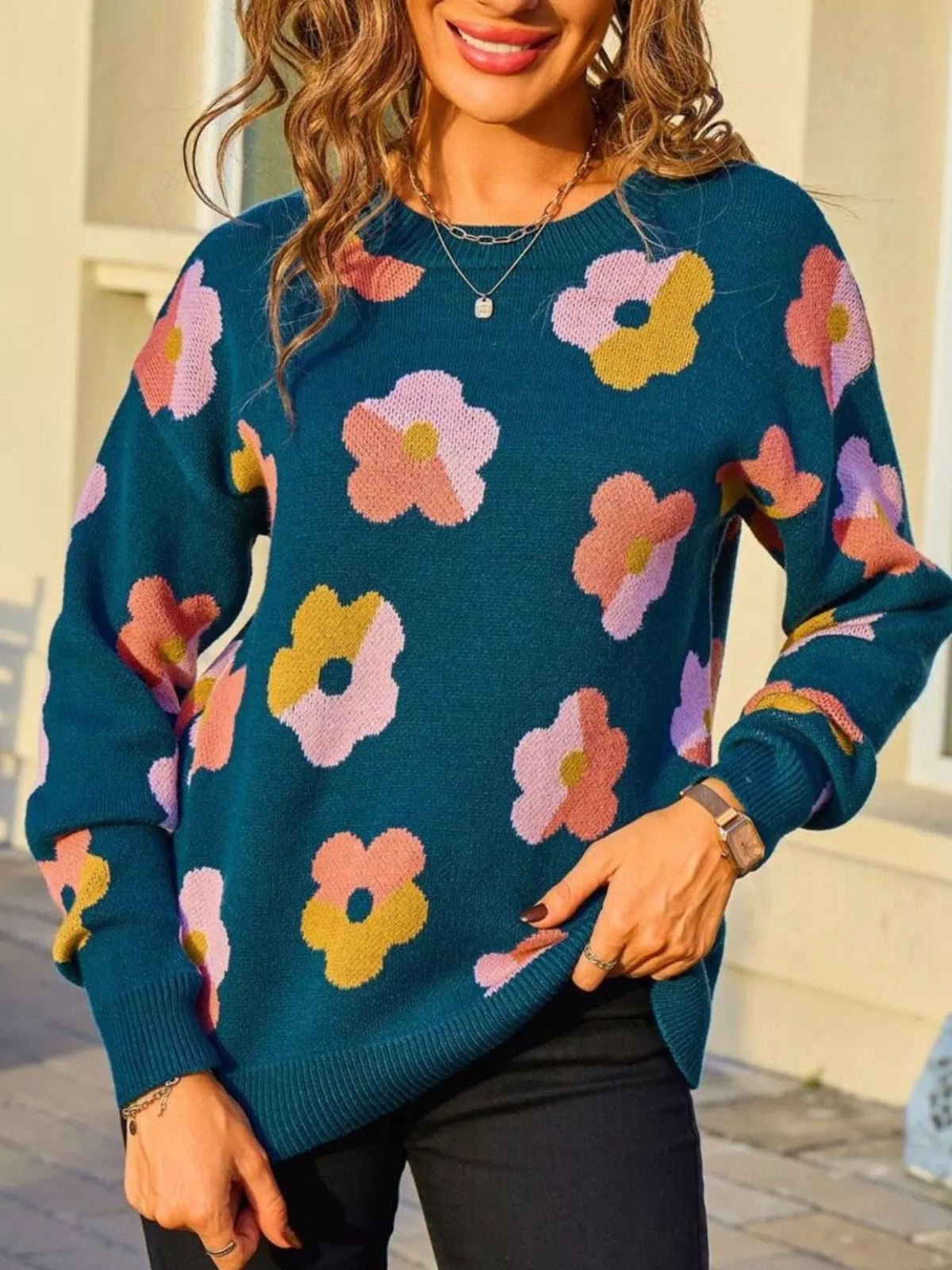 Floral Crew Neck Long Sleeve Sweater