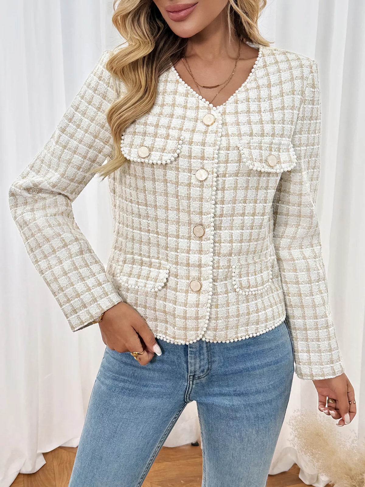 Plaid Button-Front Long Sleeve Outerwear
