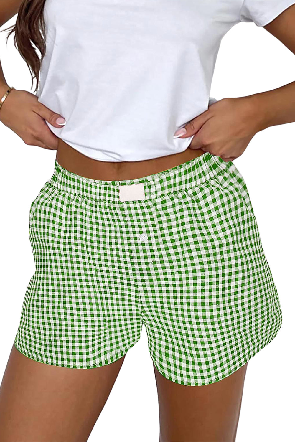 Shorts de pierna ancha sueltos de talle alto con estampado a cuadros vintage verde helecho