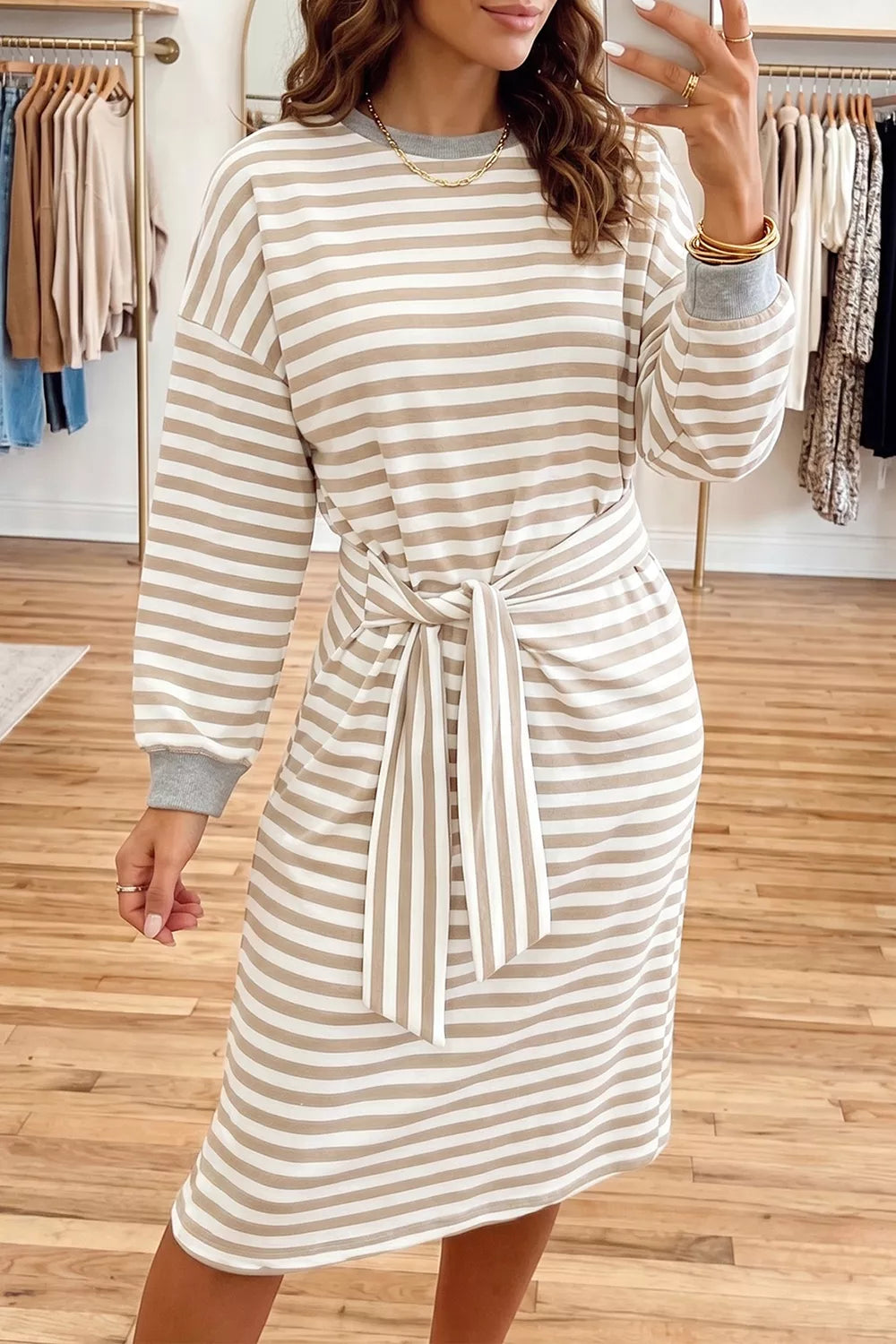 Stripe Striped Colorblock Cuffs Round Neck Long Sleeve Shift Dress