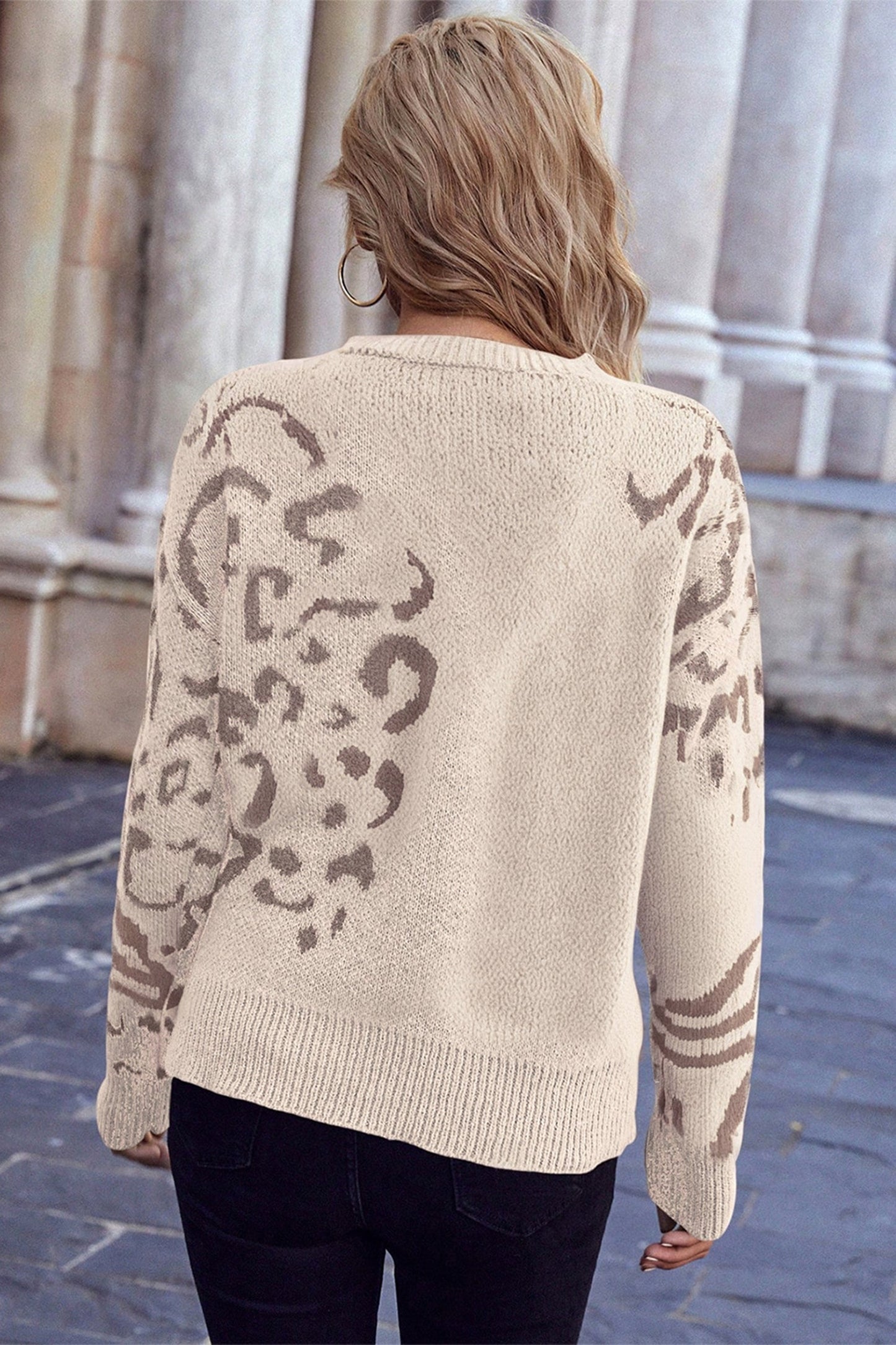 Camel Asymmetric Leopard Print Detail Drop Shoulder Sweater