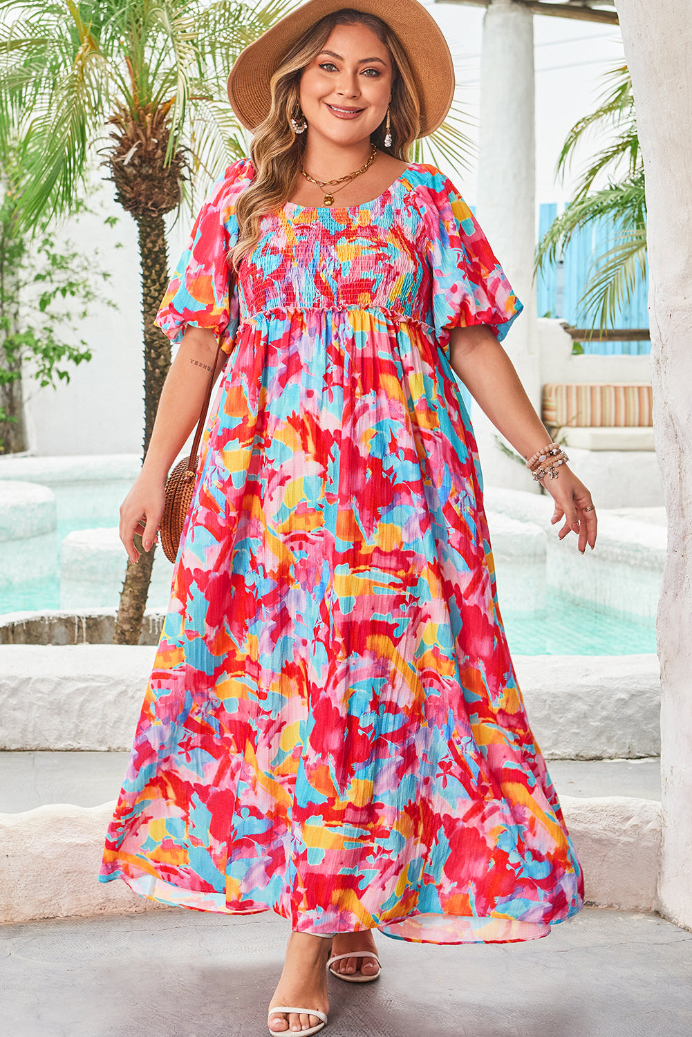 Vestido de Talla Grande con Estampado Floral Abstracto, Mangas Abullonadas, Escote Cuadrado, Busto Fruncido y Espalda Atada