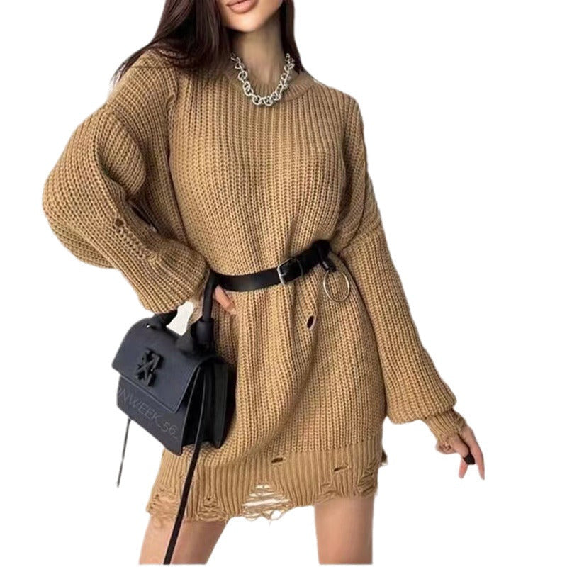 Women's Crew Neck Distressed Knit Sweater, 2026 Fall Winter Solid Color Loose Long Sleeve Pullover, Ripped Fringe Hem Jumper