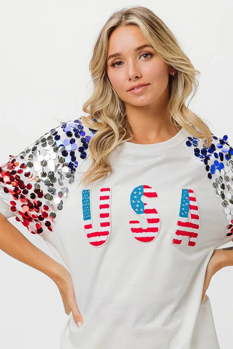 Women's T-Shirt Women's Tee - Sequin American Flag - Patriotic USA Made