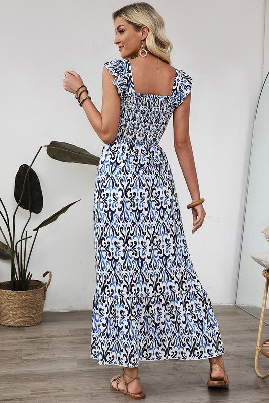 Vestido Maxi con Estampado Bohemio Color Azul Cielo y Cintura Fruncida de Talle Alto