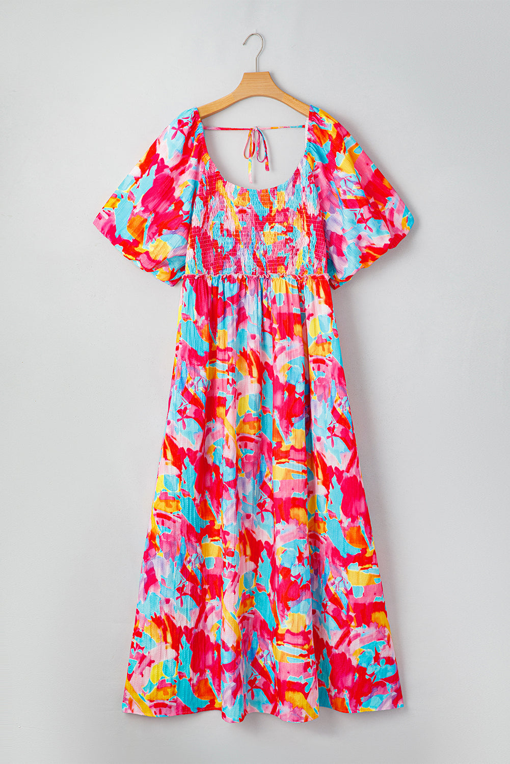 Vestido de Talla Grande con Estampado Floral Abstracto, Mangas Abullonadas, Escote Cuadrado, Busto Fruncido y Espalda Atada