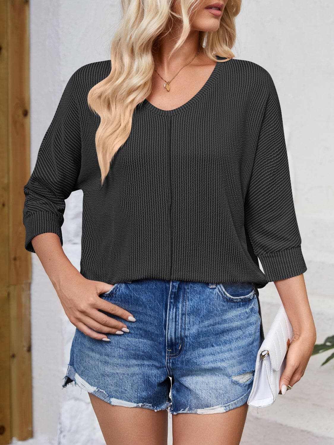 T-Shirts Trendsi just arrived - Textured 3/4 sleeve blouse