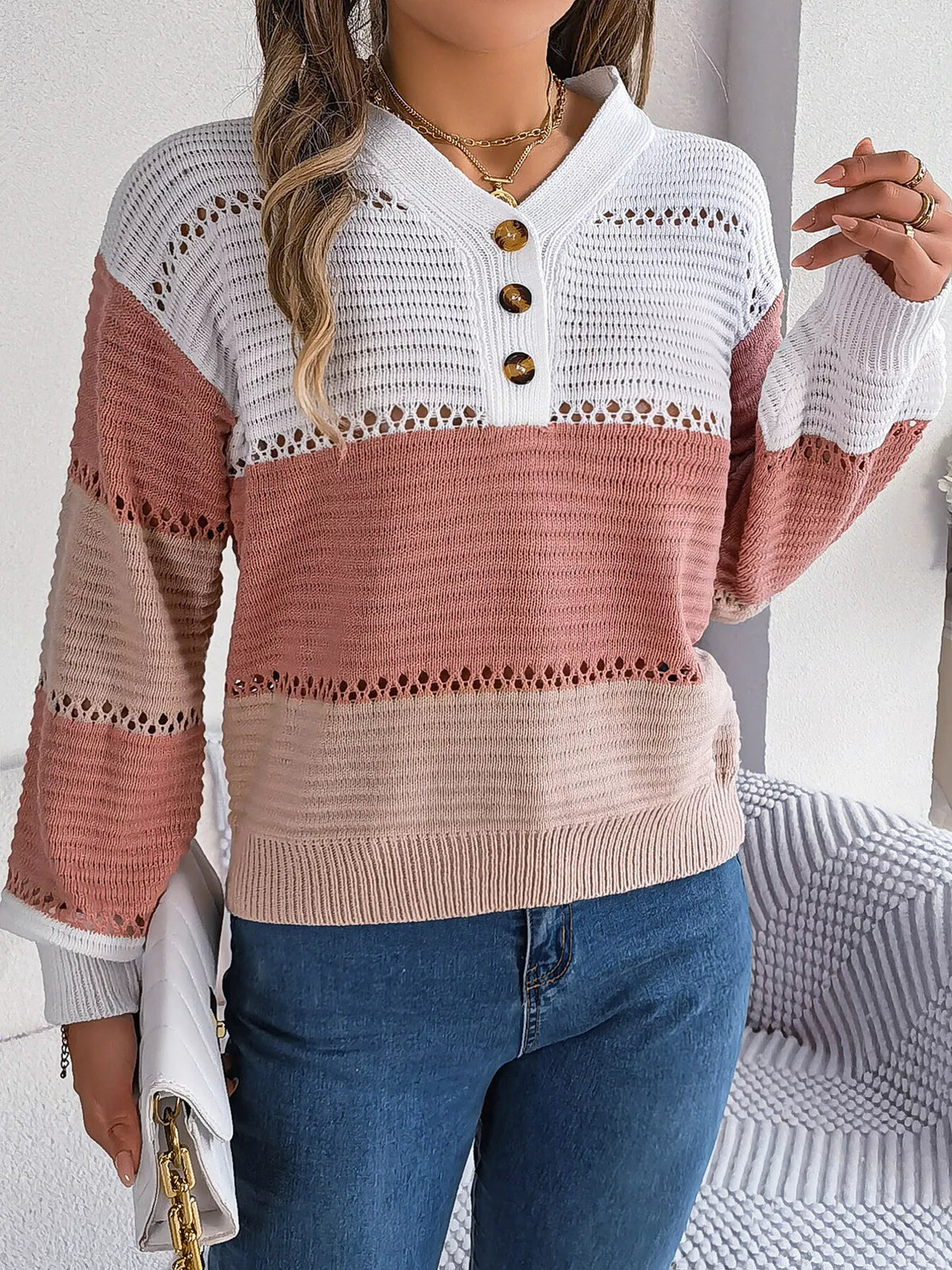 Color Block Striped V-Neck Button Detail Sweater