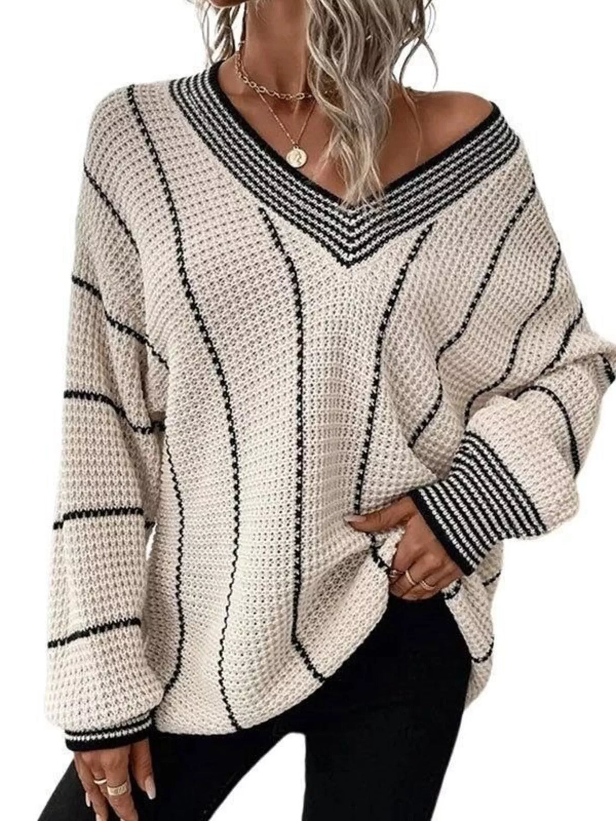 Full Size V-Neck Textured Knit Sweater Plus Size