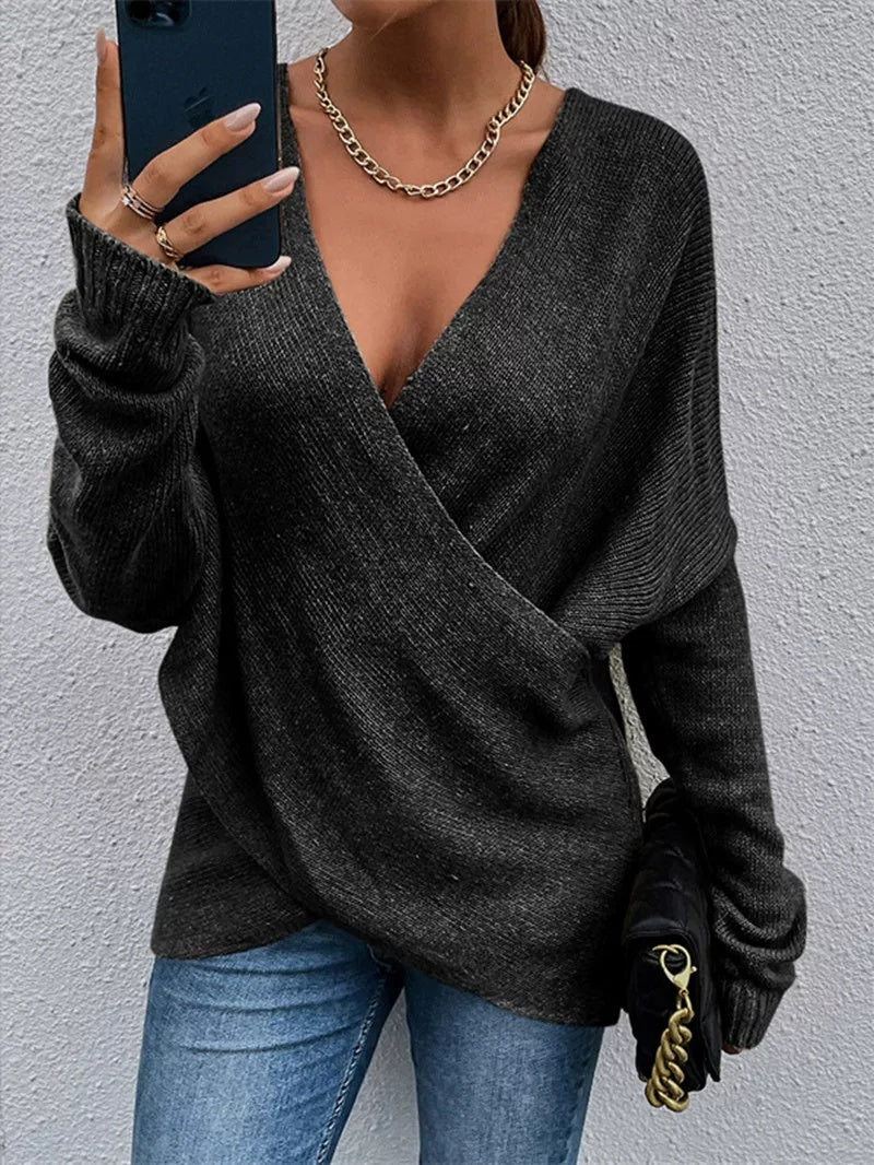 Autumn Winter Fashion V-neck Cross Knit Women Sweater Tops