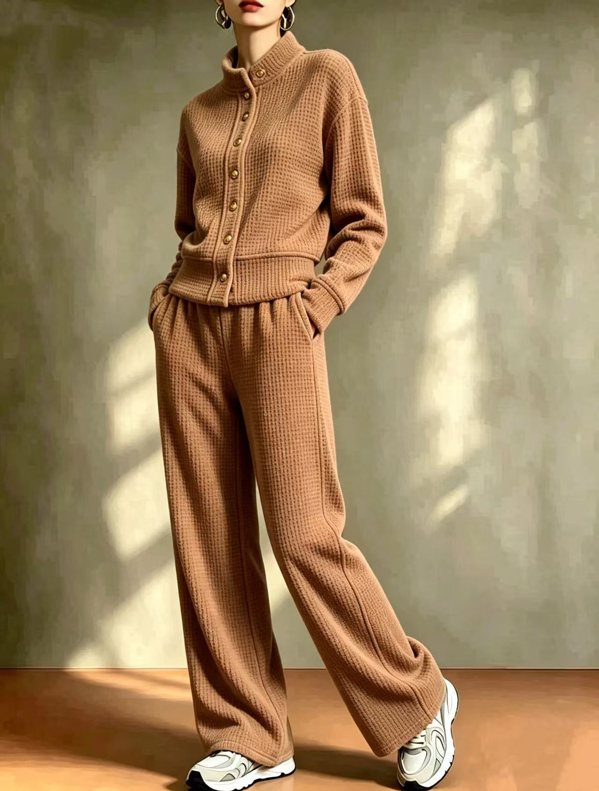 Women's Waffle Stand-Collar Cardigan & Wide-Leg Pants Set