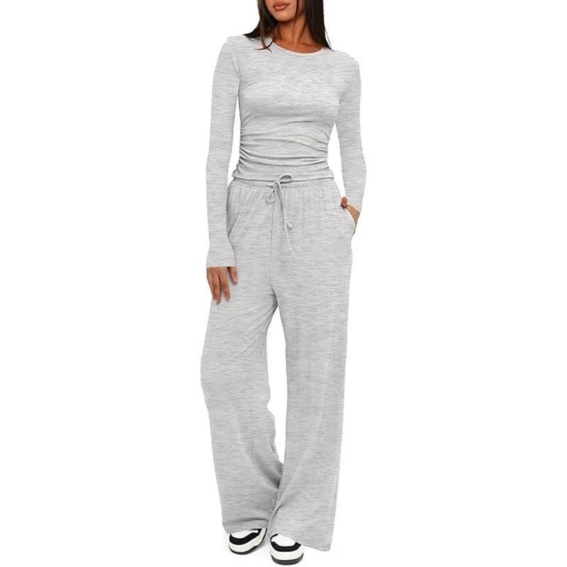 2 Pieces Women's Suit Autumn Winte Long Sleeve Tops High Waisted Wide Leg Pants Sportswear Female Clothes Solid Color Casual Suit