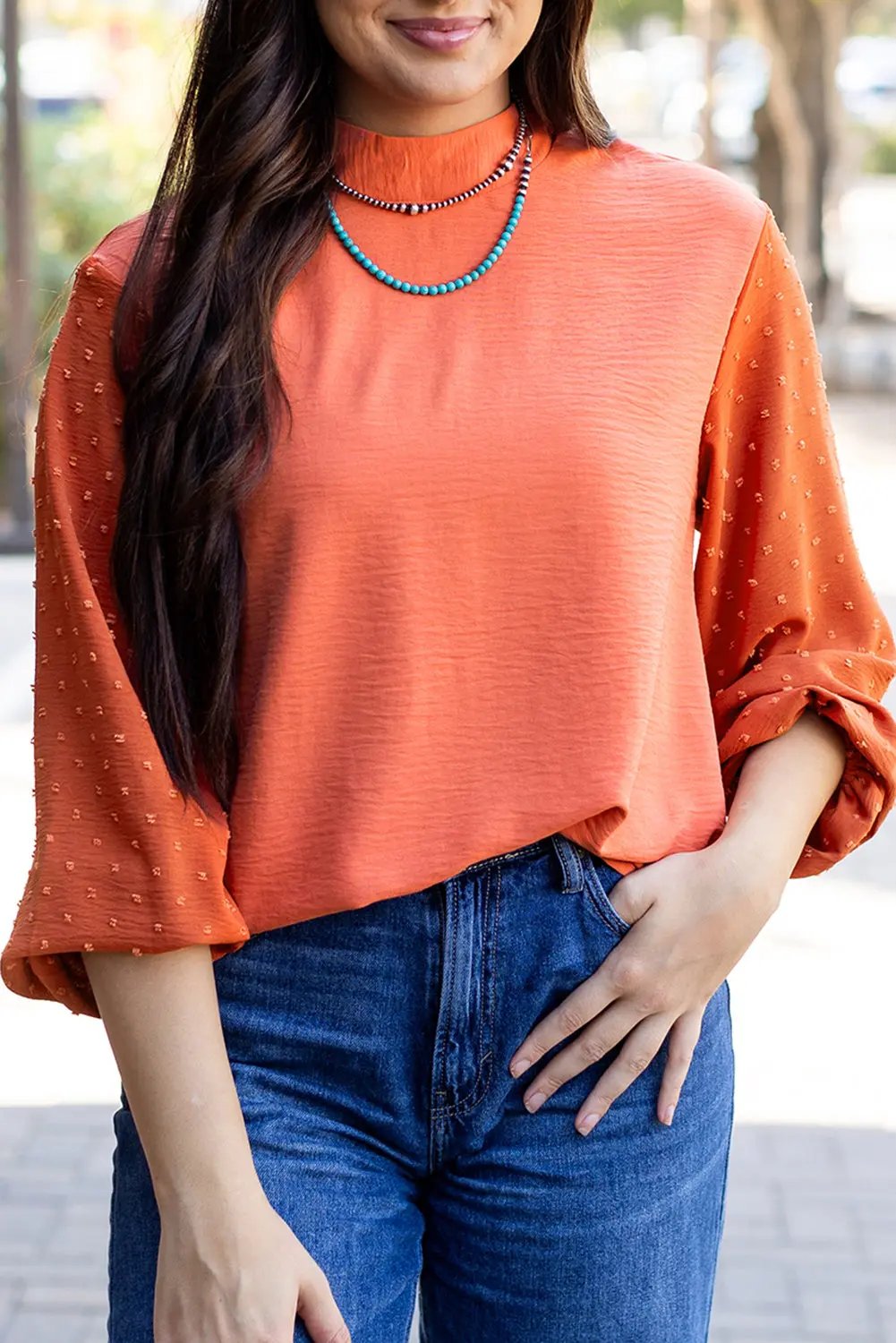 Women's Blouse - Red Swiss Dot Long Sleeve Keyhole - Southern Belle