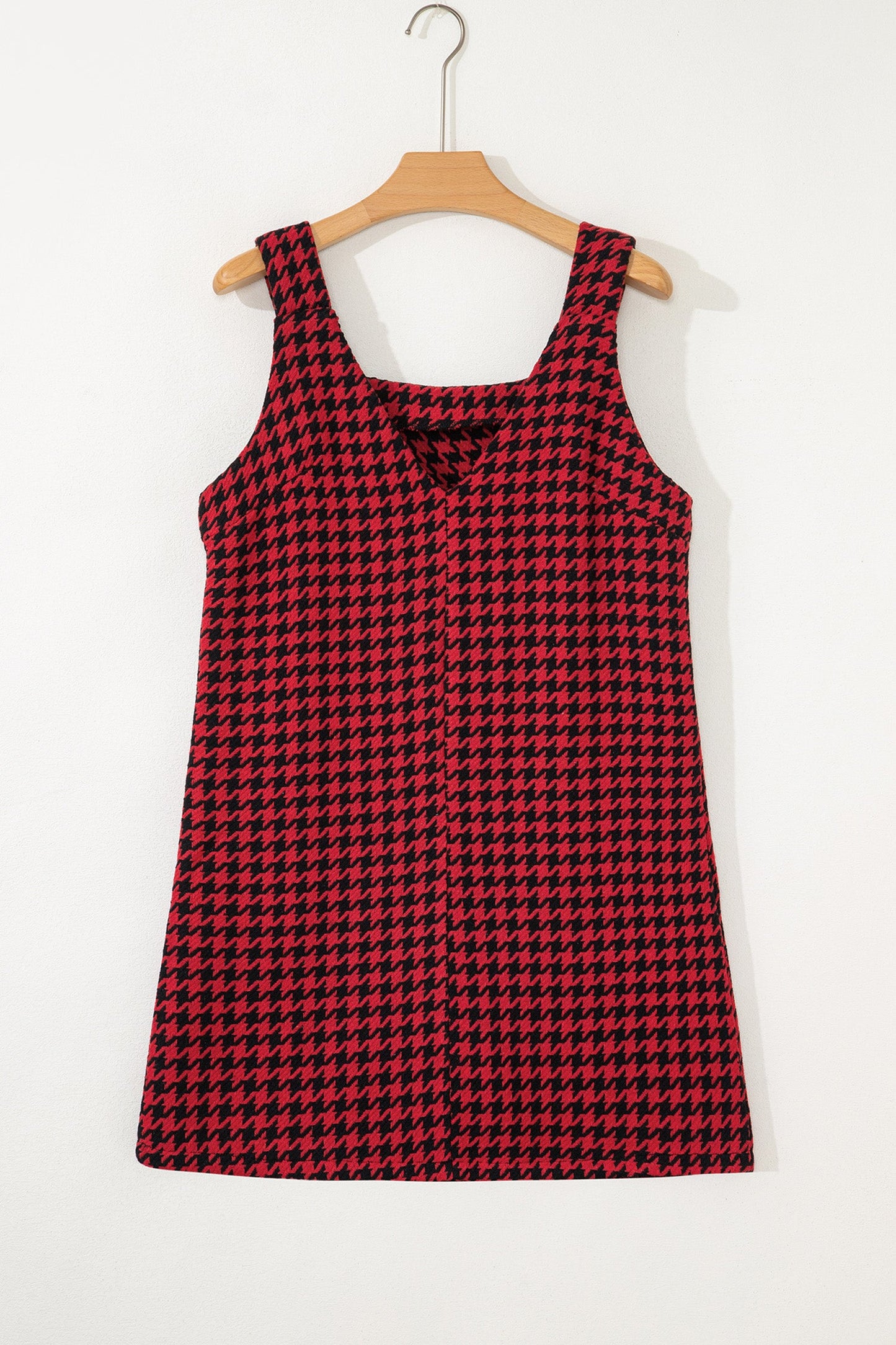Minivestido sin mangas con cuello de pico y estampado de pata de gallo caqui