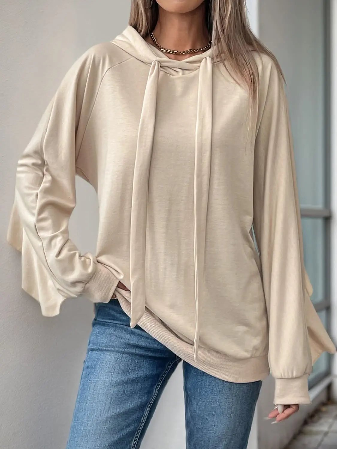 Jackets Trendsi Ruffled Hoodie Women's Casual Drawstring Long Sleeve Top Cozy Stylish