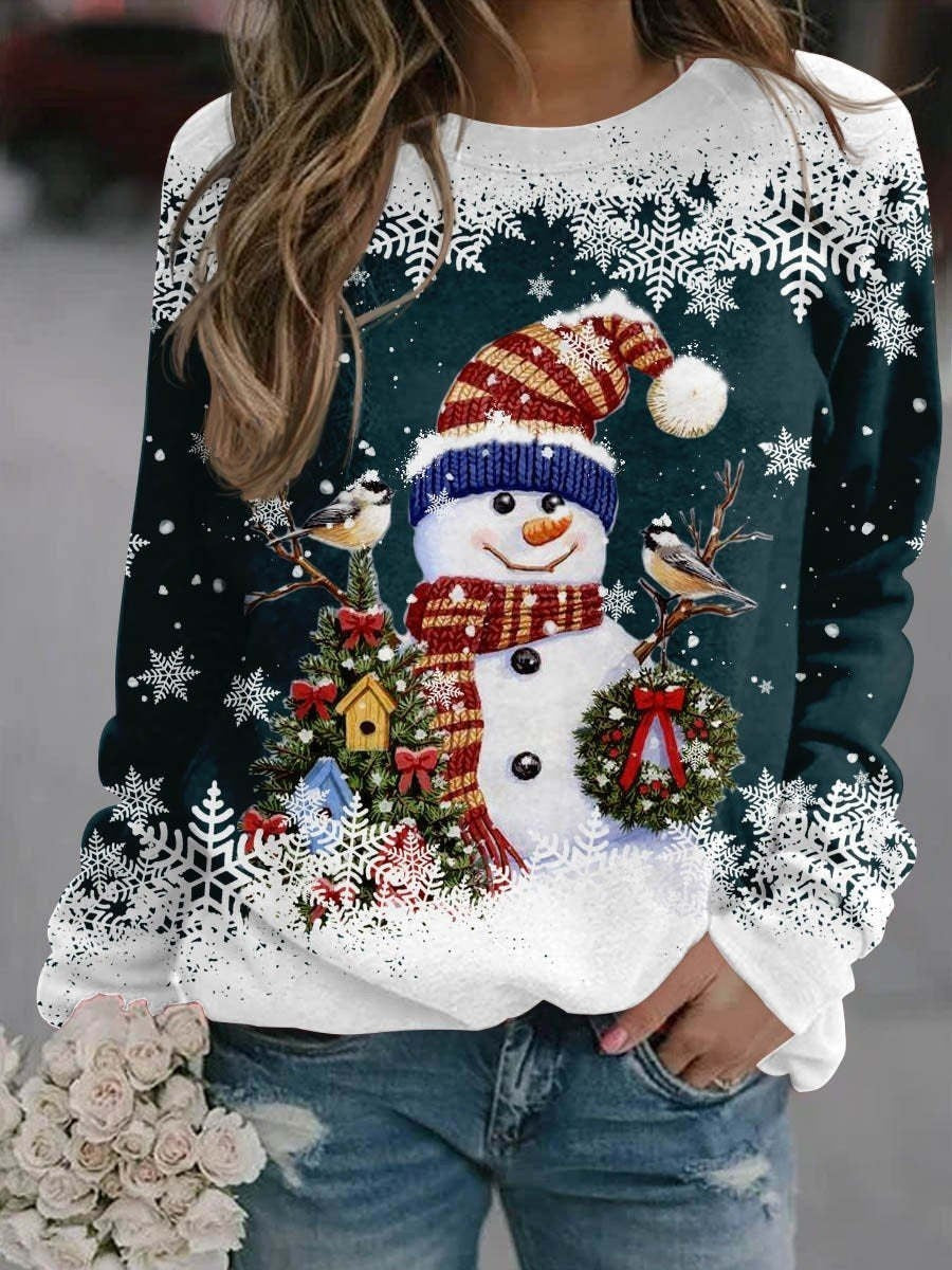 Suéter Holgado Estampado Muñeco de Nieve – Tejido Informal Navideño para Mujer