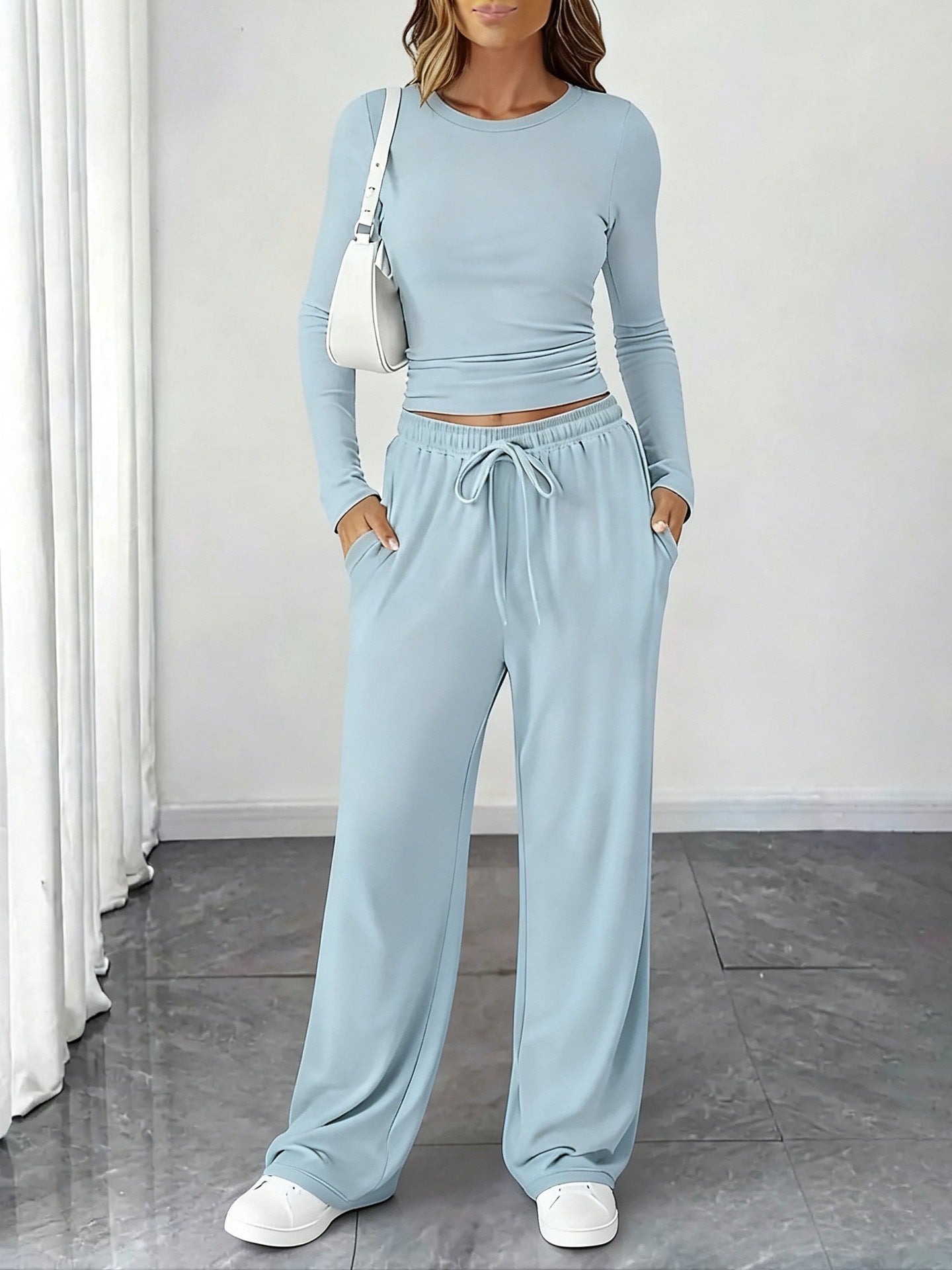 Amazon New European And American Style Slimming Waist-Cinching Fashionable Casual Suit Sports Yoga Spring And Summer Round Neck Long-Sleeved Women's Clothing