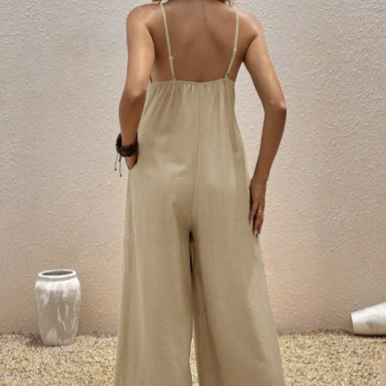 Mono Casual de Tirantes para Mujer – Cuello en V Color Liso Sin Mangas de una Pieza