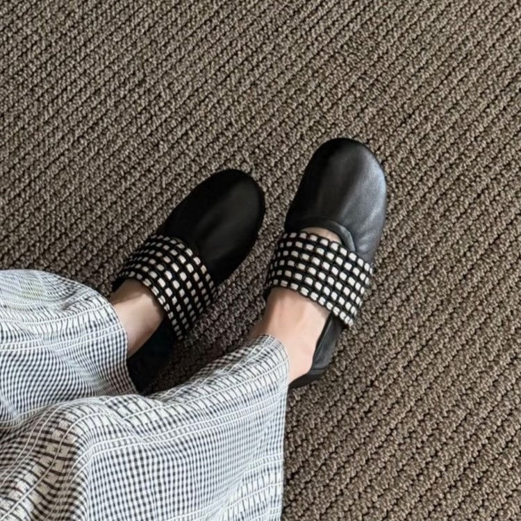 French Retro Hollow-Out Woven Flats Women, 2026 Summer New Arrival Plus Size Round Toe Shallow-Cut Perforated Low Heel Leather Dress Shoes