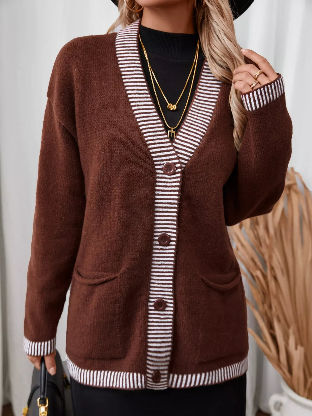 Striped Trim Button Front Pocket Knit Cardigan