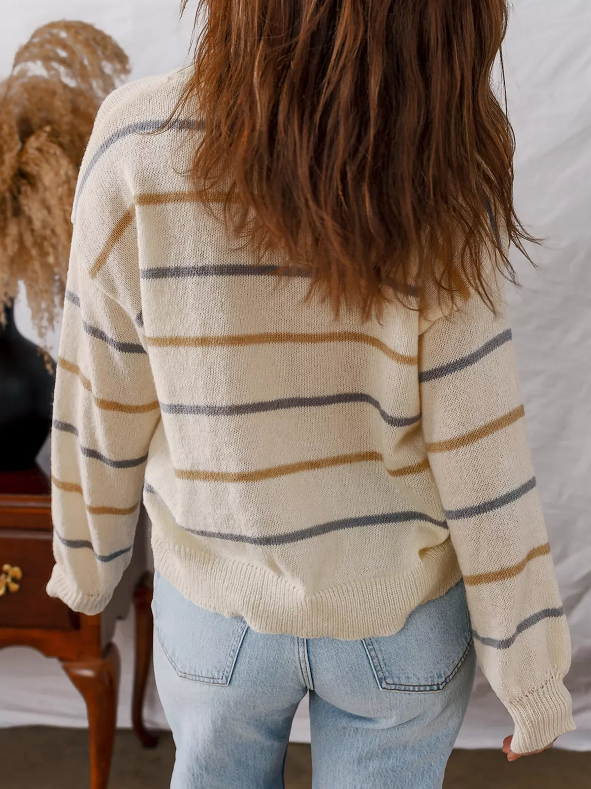 Stripe Striped Ribbed Edge Drop Shoulder Sweater