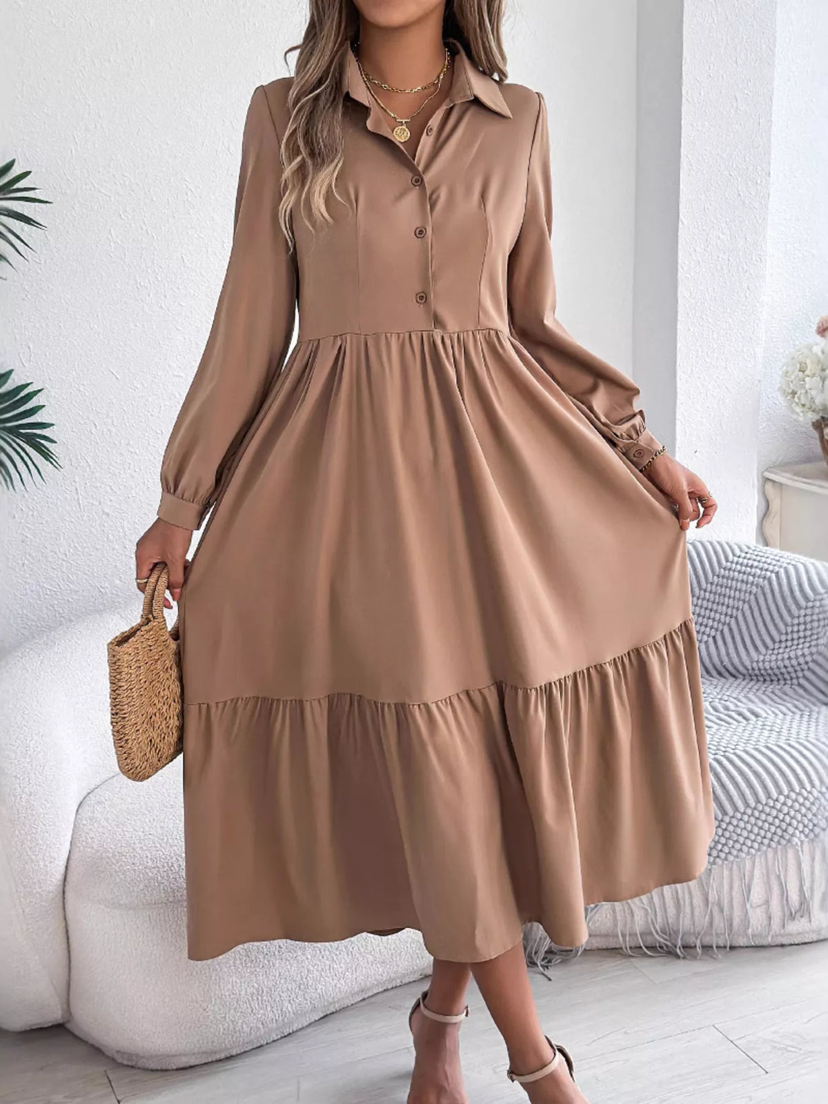 Long Sleeve Tiered Button Front Midi Dress