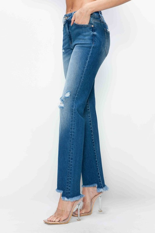 Jeans rectos a la altura de la cadera bytos, con bajo deshilachado y efecto desgastado
