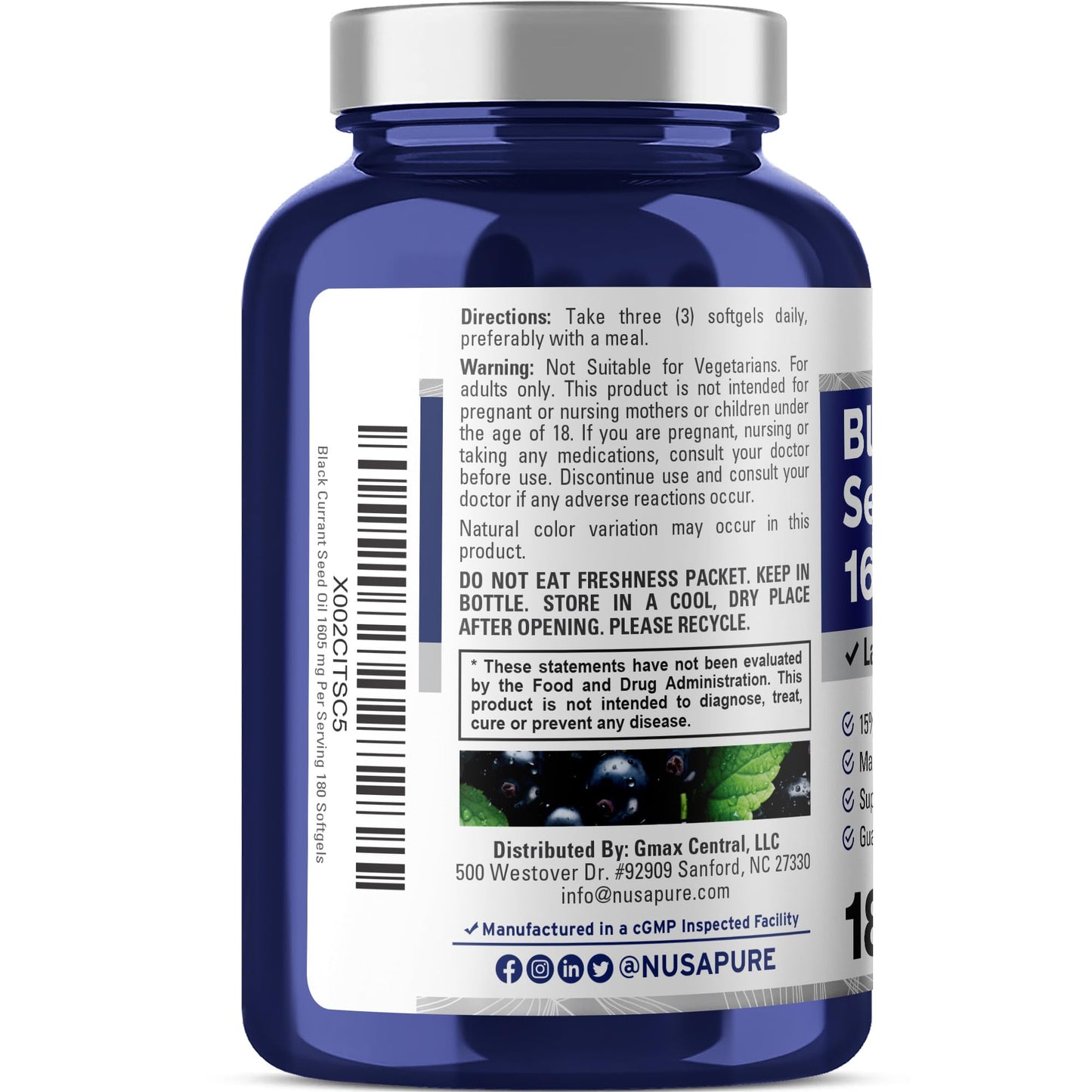 NusaPure Black Currant Seed Oil 1605 mg Gamma Linoleic Acid (GLA) 15% 180 Softgels (Non-GMO, Soyfree)