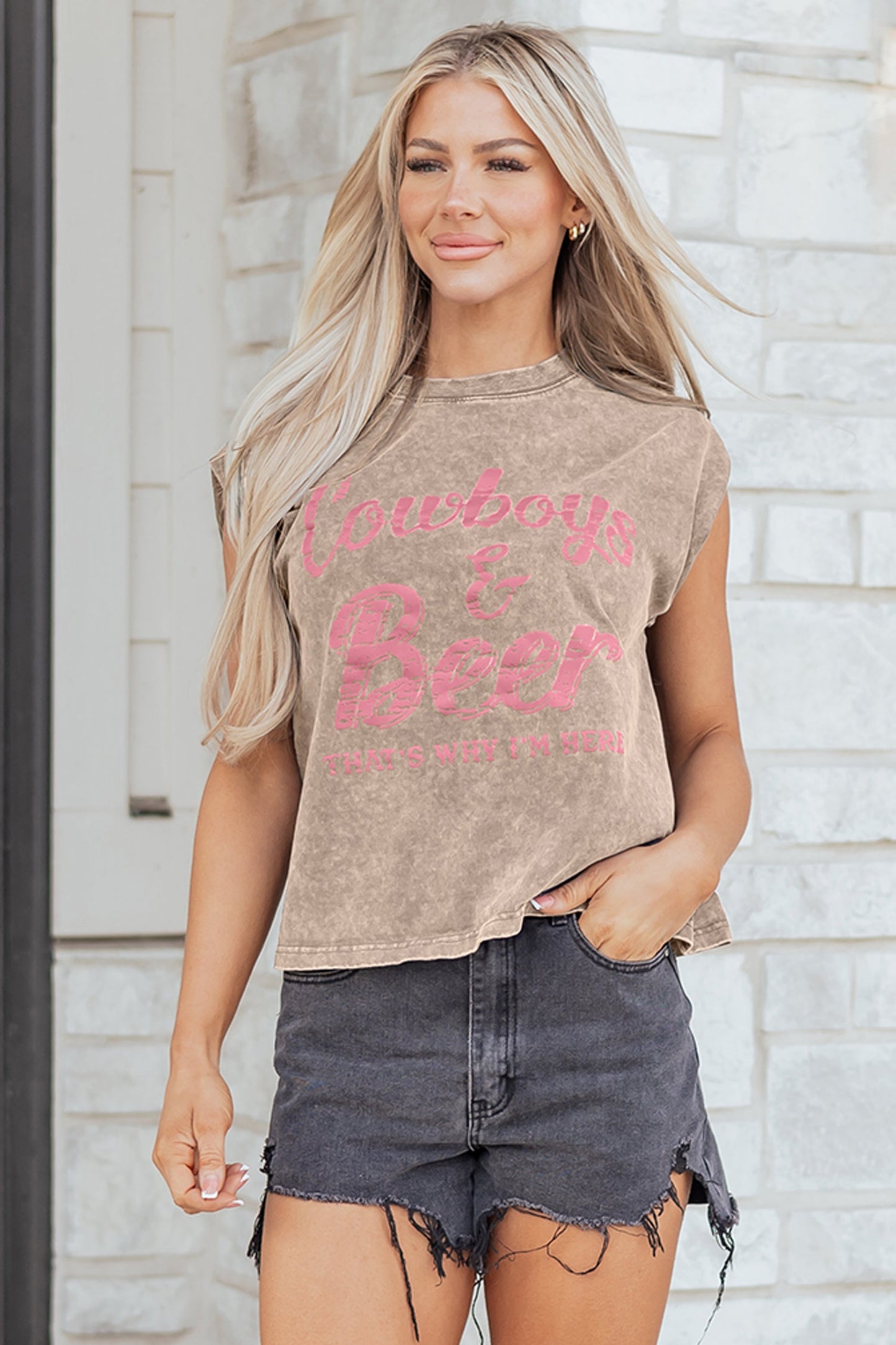 Smoke Gray Cowboy & Beer Western Graphic Mineral Wash Tank Top