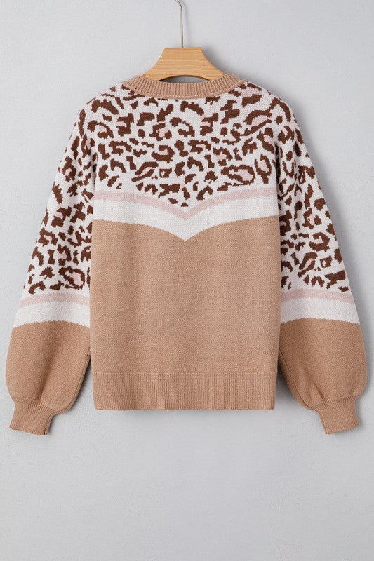 Suéter Colorblock con Estampado de Leopardo y Mangas Abullonadas