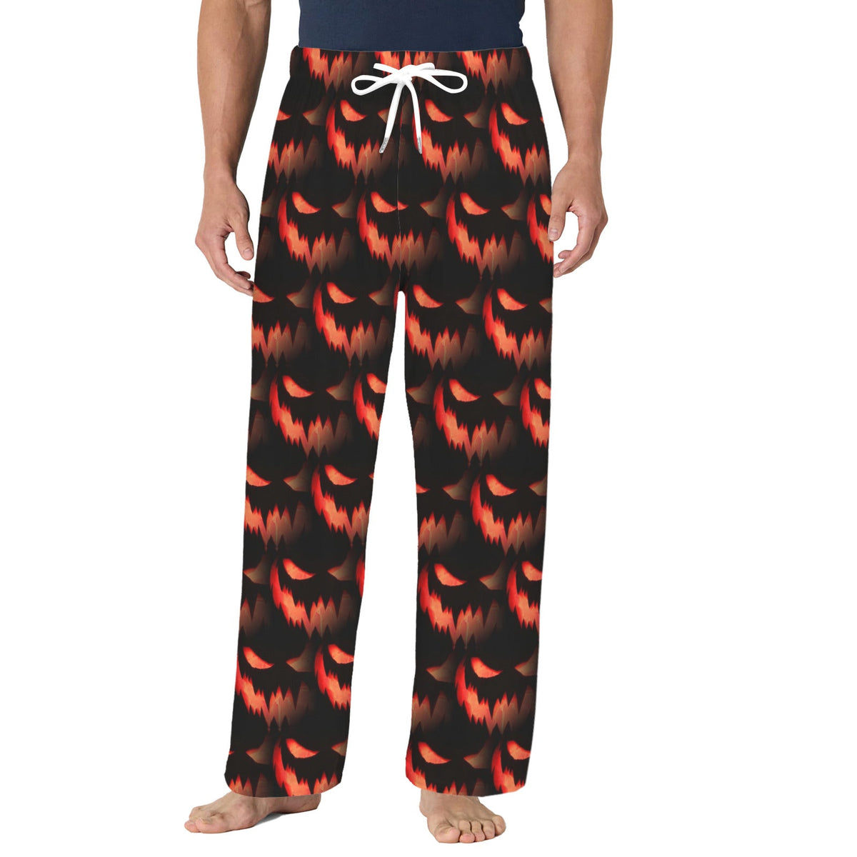 Orange Spooky Face Pattern Men's Drawstring Pajama Pants Without Pockets