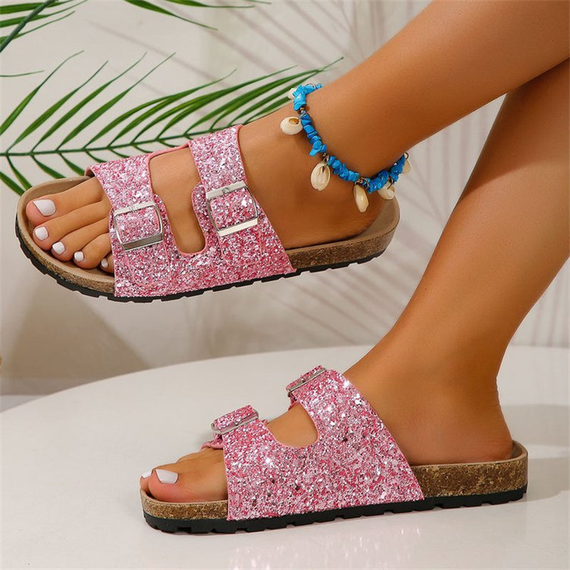 Women's Double Buckle Sequined Sandals