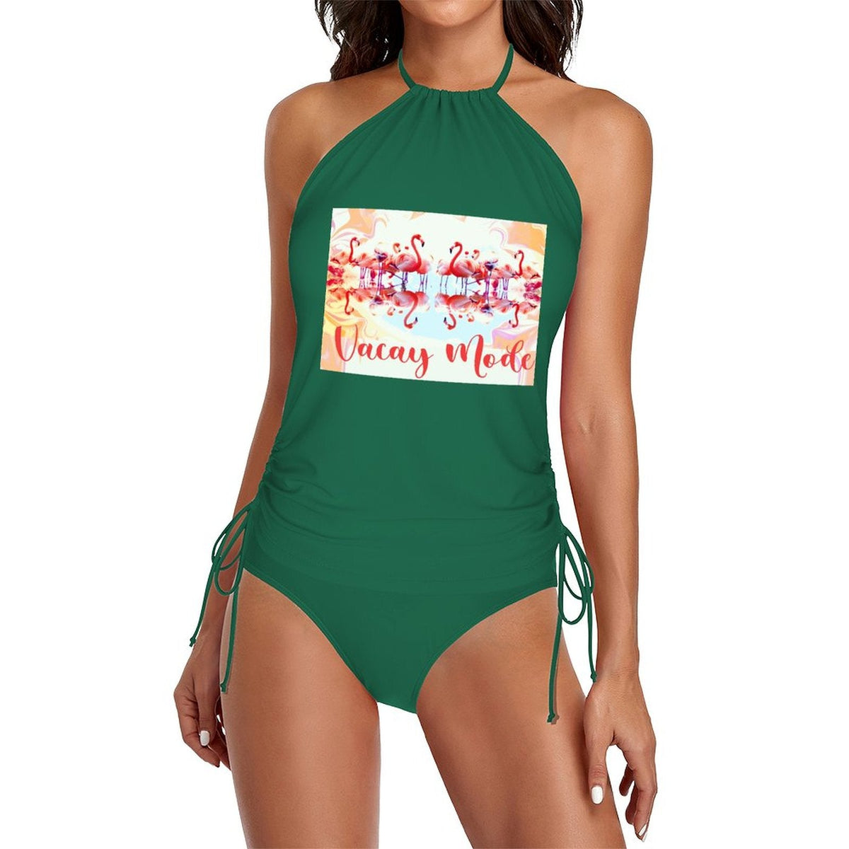 Flamingos in Vacay Mode Halter High Neck 2-Piece Swimsuit (Made in USA)